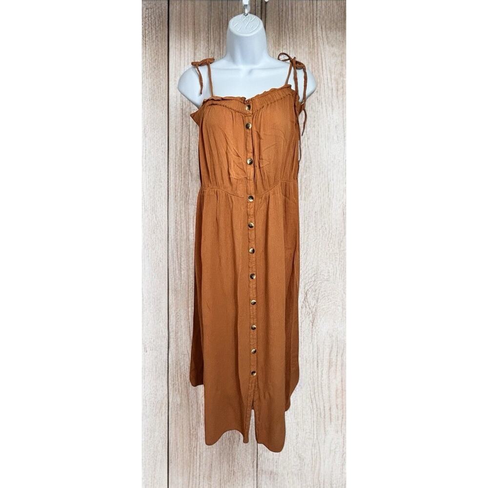 YAS Boho Midi Dress Sz Large Sleeveless Button Front Golden Clay Gauze Material